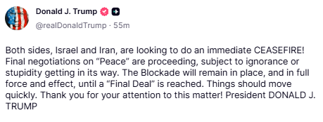 GuntherEagleman's tweet photo. HUGE NEWS 

President Trump: Israel &amp; Iran are both moving toward an immediate CEASEFIRE as final peace negotiations advance.

Blockade stays strong until a full deal is done.
Things are moving fast.

Trump keeping his promise to end wars and bring stability. https://t.co/Wb6camMYGY