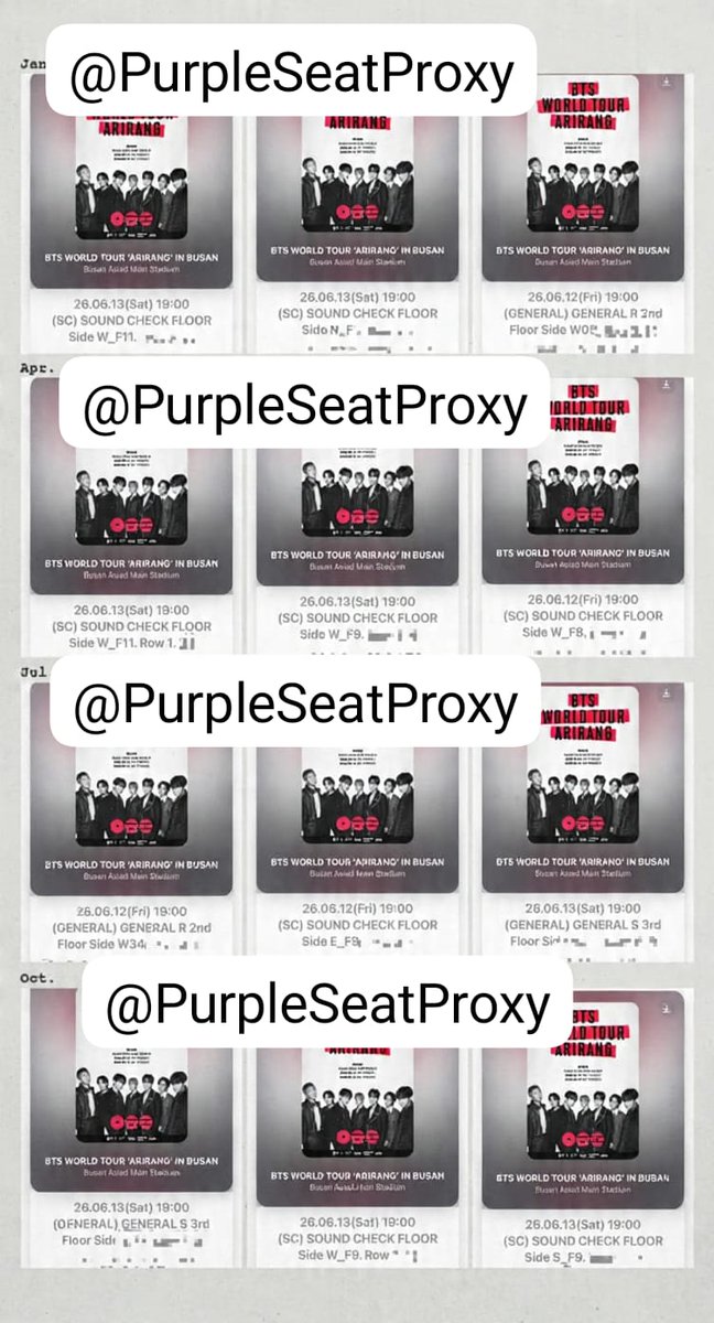 PurpleSeatProxy's tweet photo. BTS WORLD TOUR ‘ARIRANG’ IN BUSAN
釜山 プサン 韓国 代行 チケット
2026年6月12日(金)~13日(日)
BUSAN ASIAD MAIN STADIUM

サウンドチェック F2〜F4（N・E・W）
一般席 R（ランダム）

お問合わせはDM 
#kpop
#BTS_ARİRANG
#seokjin
#방탄소년단진 #김석진 #석진 #진 #BTSJIN #JIN https://t.co/LRXJdY3OMK
