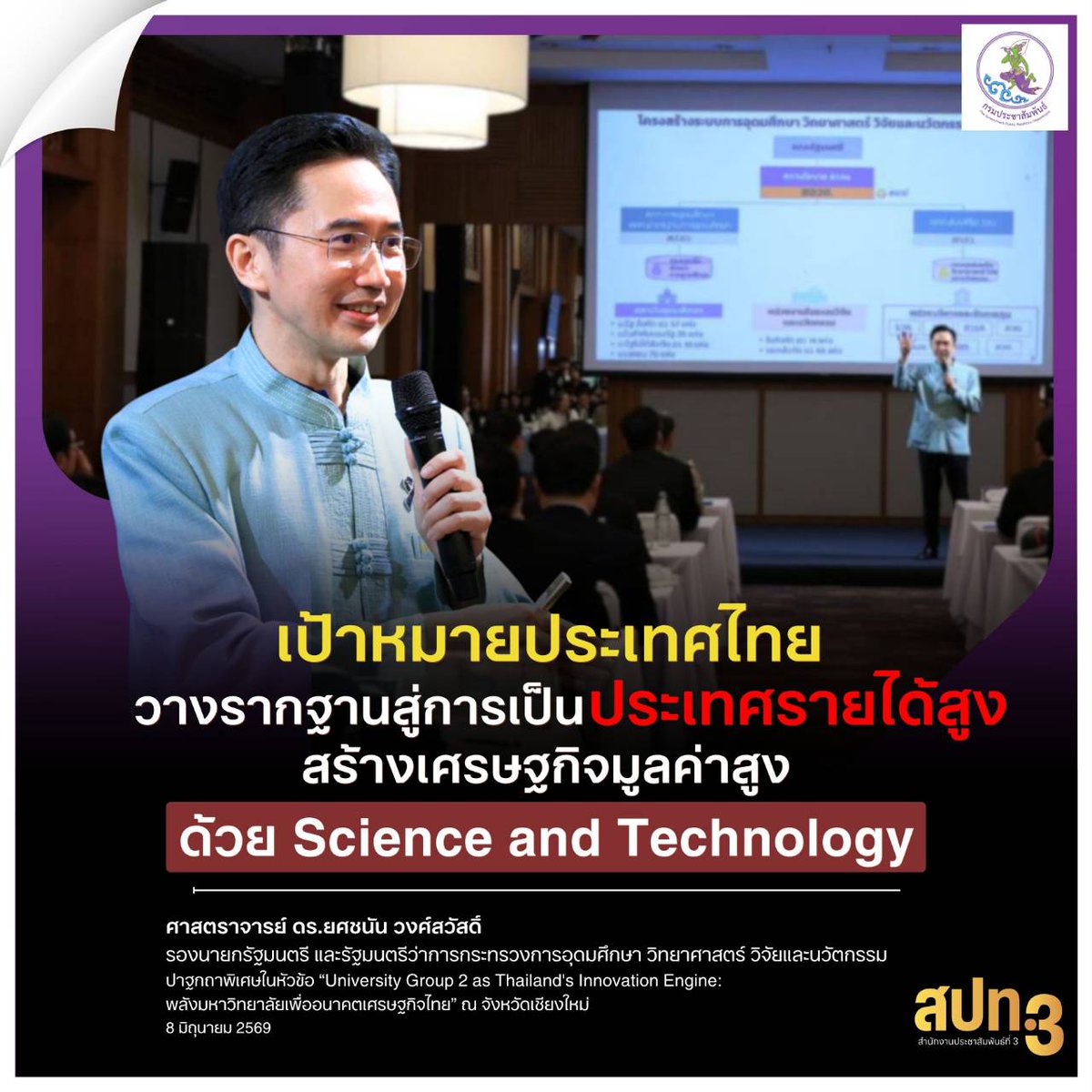 PRD3_Official's tweet photo. เป้าหมายประเทศไทย วางรากฐานสู่การเป็นประเทศรายได้สูง สร้างเศรษฐกิจมูลค่าสูง ด้วย Science and Technology

ศาสตราจารย์ ดร.ยศชนัน วงศ์สวัสดิ์
รองนายกรัฐมนตรี และรัฐมนตรีว่าการกระทรวงการอุดมศึกษา วิทยาศาสตร์ วิจัยและนวัตกรรม
#รองนายกฯยศชนัน #สปท3 https://t.co/R0b1Snh1Zj