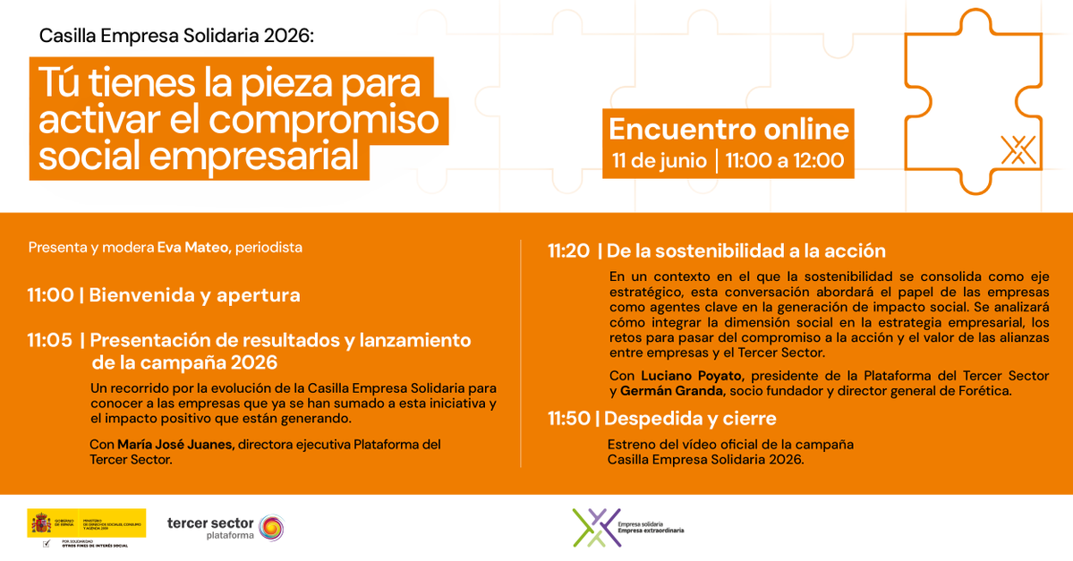 mesa3sectorAND's tweet photo. 📢 Ya está disponible la agenda del encuentro online #CasillaEmpresaSolidaria 2026, liderado por la @Plataforma3sect
🗓️ Jueves 11 de junio
🕚 11:00–12:00 h
💻 Online https://t.co/aJnyHGvagK
