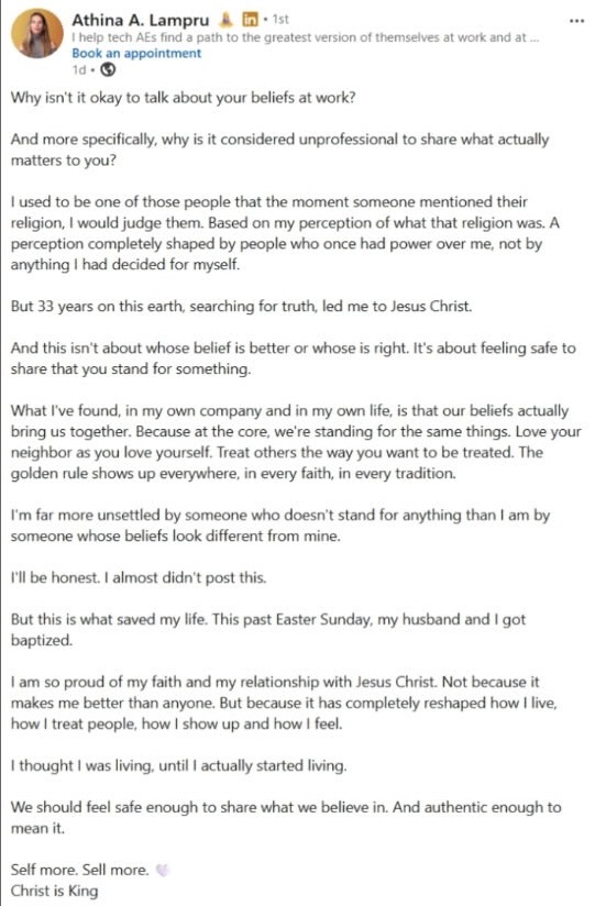 dmichaelclary's tweet photo. My friend Da Yu left communist China for the USA twenty years ago. Last week, his American employer gave him one hour to delete his comment on a friend’s social media post or lose his job.

Da was an atheist when he first moved to Cincinnati for college. And he was excited to get away from the suffocating regime of communist China.

When he arrived here, it wasn’t long before he encountered a group of Christians who shared the gospel with him. God opened his heart to the truth of the gospel and he believed.

As his faith grew, Da became a strong Christian leader and committed evangelist. Now, many years later, he leads a small group at my church and organizes regular evangelistic outreaches for college students.

Da is a kind, smart, and godly Christian man. And he’s among the most committed members of our church. He’s an ordinary Christian who believes the Bible and has a spine. He and his wife have two young children, and she is eight months pregnant with their third.

That’s all background for what I’m about to say.

Last week, he called me out of the blue because he was faced with a difficult decision. One of his friends had just become a Christian and posted on LinkedIn about her baptism (see screenshots).

She wasn’t accustomed to making Linked In posts about Jesus, feeling as though it might be unprofessional. She wondered openly if she should keep her posts secular. But she was excited about her new life in Christ and wanted to share it.

That’s when Da chimed in with a comment on her post that there is no such thing as a purely neutral, “secular” culture. He pointed out that many companies are promoting cultural sins such as homosexuality, transgenderism, and fornication during pride month. If companies can promote those morally regressive “values,” then certainly this woman should not be embarrassed to talk about her Christian faith in public. He was simply encouraging her to be bold for Christ.

WIthin minutes, he got a message from HR. He was called to a meeting with the HR rep and the CEO where he was told he needed to take his comment on her post down immediately. Feeling put on the spot, he said he’d needed to think it over first. He asked, “what if I do not take it down?”

They said, “you have one hour to take it down or lose your job.” So he took a walk outside to gather his thoughts and pray. He spoke to his wife about it, and she told him the man she married was a man of courage, and she would stand by him. He also sought counsel from some men in our church.

Finally, he made his decision. He would not take his comment down. So they fired him. Right there, on the spot. No sooner had the call ended that his laptop was locked and he was unable to access it at all.

This whole episode is tragically ironic, given the fact that he’d moved here from China to get away from these sorts of draconian practices. But that’s the way it is with the LGBTQ regime. If you do not comply and bow the knee to their gods you will be severely punished.

In short, a good man was fired from his job for refusing to cave. He took a stand and paid a price for it. His former employers didn’t care that he’s a responsible, hard working man with a family to provide for. They didn’t care that his wife is eight months pregnant. 

None of that matters. Their ideology is everything. They will crush anyone who opposes it.

I asked Da’s permission to tell his story, promising to keep him anonymous. But he responded, “Actually I think using my real name maybe better. A story becomes a lot more real with a name. I want to take a stand for it and encourage others.”

Da took a stand. You can too.