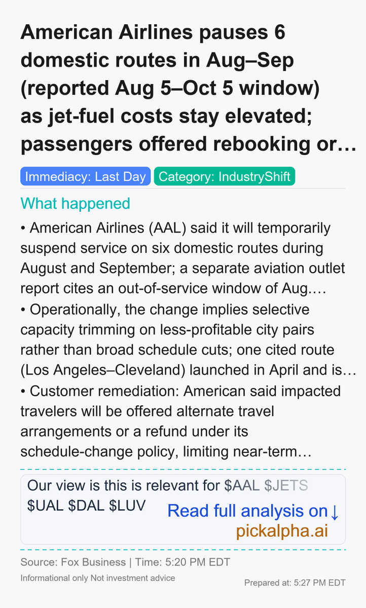 PickAlphaAI's tweet photo. 8/8: American Airlines pauses 6 domestic routes in Aug–Sep (reported Aug 5–Oct 5 window) as jet-fuel costs stay elevated; passengers offered rebooking or refunds $AAL $JETS $UAL $DAL $LUV $JBLU $BNO https://t.co/Pt2O9W4D0A