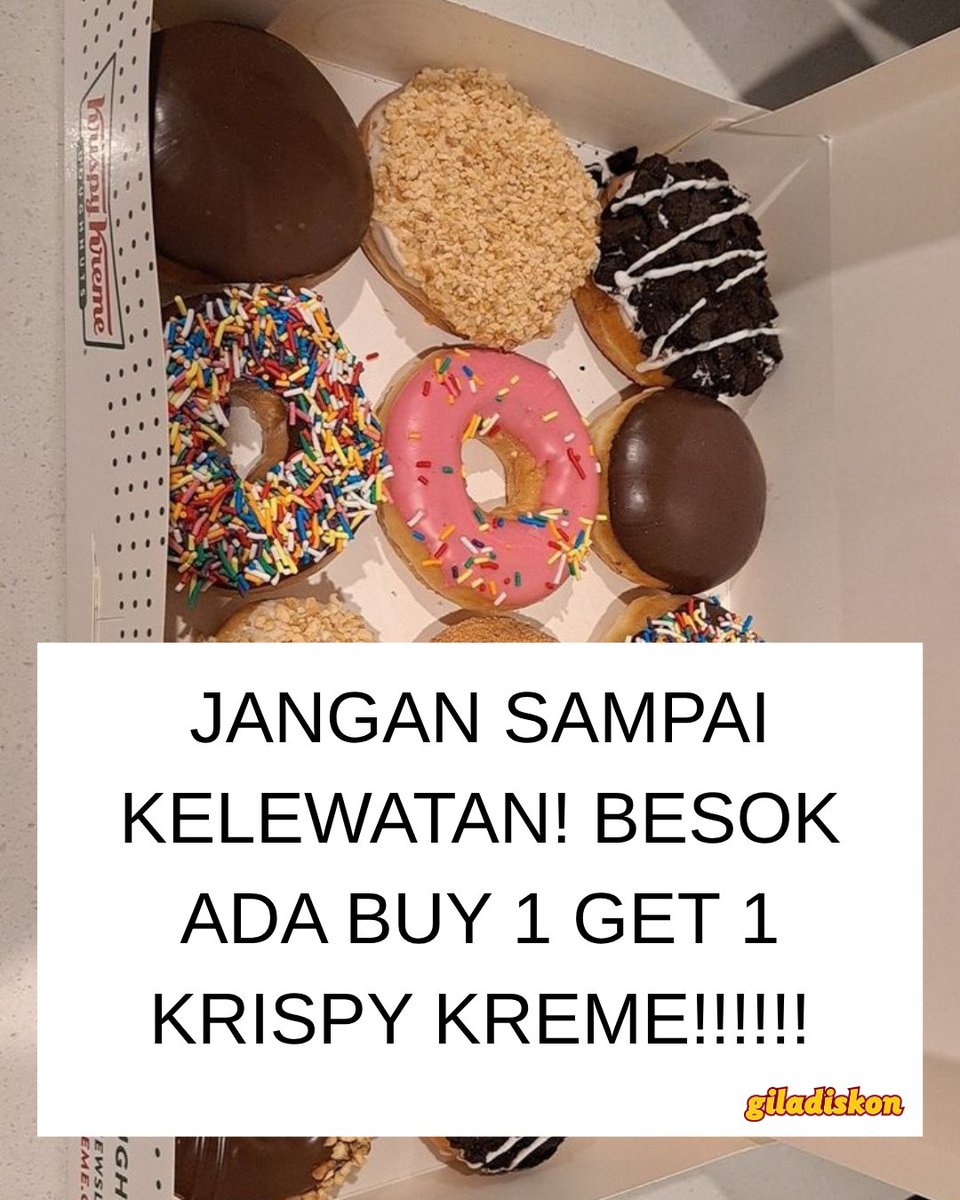 Giladiskon's tweet photo. Akan kuhadapi semuanya, tapi checkout promo buy 1 get 1 dulu, karena takut ketinggalan banget!😍🍩

Cuman 9 - 11Juni 2026, 2 dozen only 119K! 

Syarat dan Ketentuan
- Berlaku untuk 1 Lusin Basic Assorted Doughnut + 1 Lusin Original Glazed Doughnut.
- Harga khusus 126K Transhub (KCIC, Gambir, Rest Area KM57, kecuali Bandara).
- Periode promo 9 – 11 Juni dan 23 dan 25 Juni 2026.
- Berlaku in-store, takeaway, delivery.