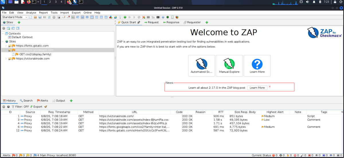 BsDipson10's tweet photo. Day 28 with @VictorAkinode 

Today I used both Burp Suite and OWASP ZAP to test web applications.

Don't forget, always work in authorized environments, combine manual and automated testing for full coverage, also document every finding clearly.
#VACyberMentorship #VictorAkinode https://t.co/RH3pdP5wNS