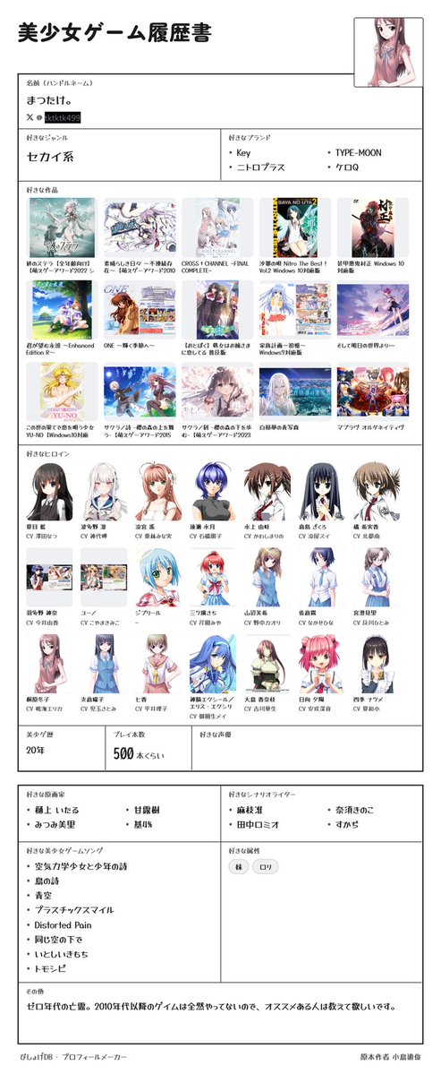 tktktk499's tweet photo. #美少女ゲーム履歴書
滲み出る加齢臭、氷河期世代の履歴書みたいだ。最近のゲイム何も分からないので、オススメあったら教えて下さい🙇今は9 nineプレイ中です！ https://t.co/tWFN2Ttf6v