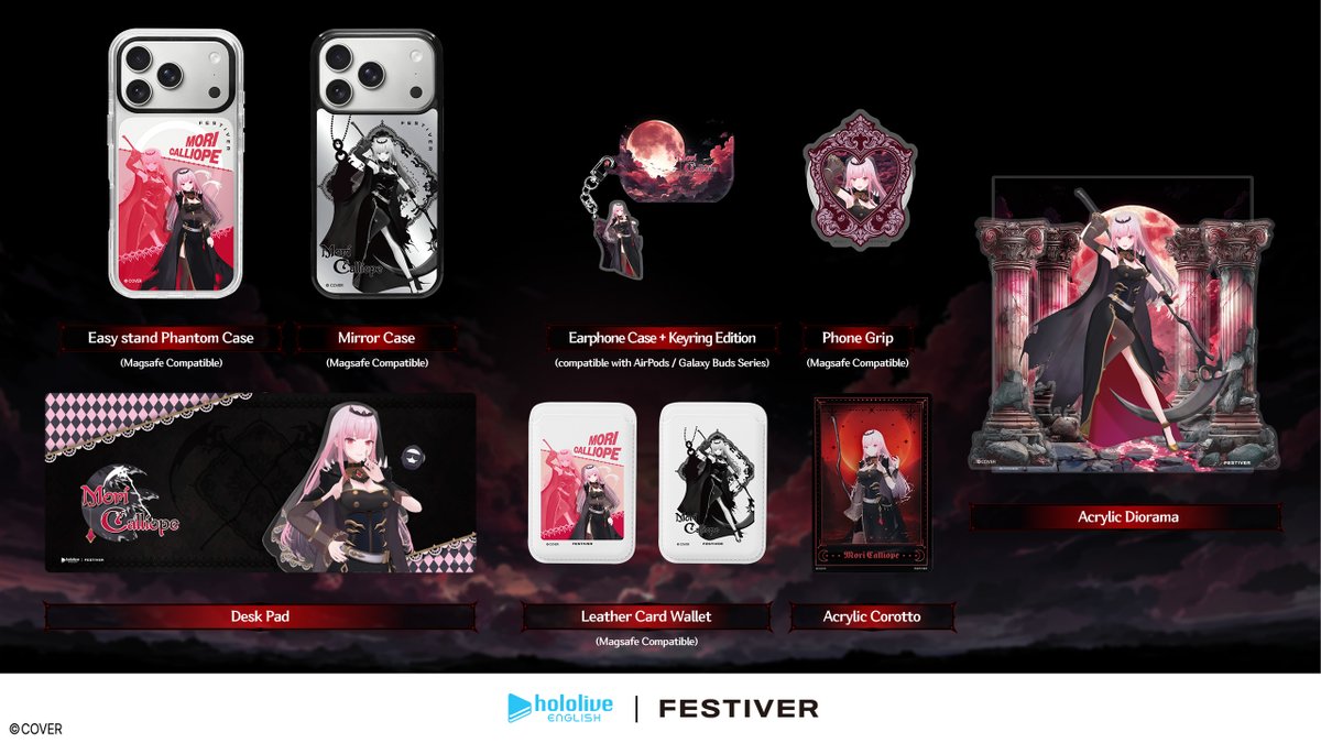 hololive_En's tweet photo. 💀New Collab Merch💀

DEAD BEATS, this one's for you❤️
The FESTIVER x Mori Calliope Collection has arrived, featuring exclusive tech accessories, collectibles, and lifestyle goods inspired by Calli's iconic aesthetic. 

🔽Details
https://t.co/ZyLsGsmsPn

🔽Shop now
https://t.co/uPM3ctM5Vc
✨ 15% OFF Launch Promotion only on the FESTIVER Official Store from June 12-28

#FESTIVER #MoriCalliope #hololiveEN  #페스티버 #홀로라이브EN