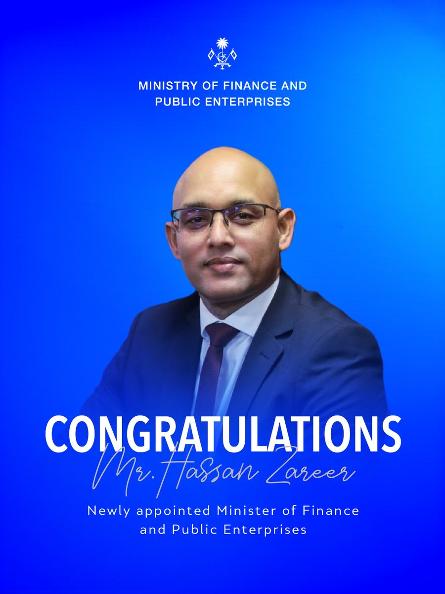 MoFmv's tweet photo. We extend our warmest congratulations to Mr. Hassan Zareer on his appointment as the new Minister of Finance and Public Enterprises.

We look forward to working under his leadership, vision, and guidance to drive the nation’s economic and financial goals forward. Welcome to the Ministry.
