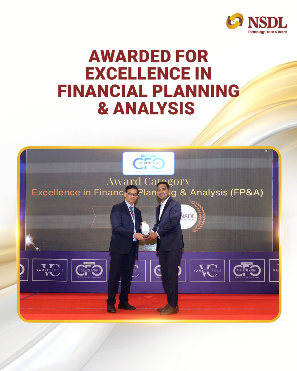 NSDL_Depository's tweet photo. NSDL has been recognised with the award for ‘Excellence in Financial Planning & Analysis (FP&A)’ for the FP&A function under the Corporate Finance, Procurement and Collection Department.

This recognition reflects NSDL’s continued commitment to financial excellence, strategic planning, and operational efficiency in strengthening India’s financial ecosystem.

#Technology #Trust #Reach #NSDL #AwardRecognition