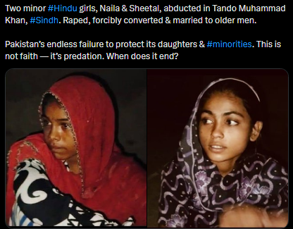 NoorAlHaya44's tweet photo. #Pakistan enables the horrific abduction, ra*e, and forced conversion of minor #Hindu girls like Naila and Sheetal in #Sindh. This state protects predatory older men under the guise of religion, abandoning its young daughters. 1/2
#StopForcedConversions @KiyyaBaloch https://t.co/vJBXRyJJ2D