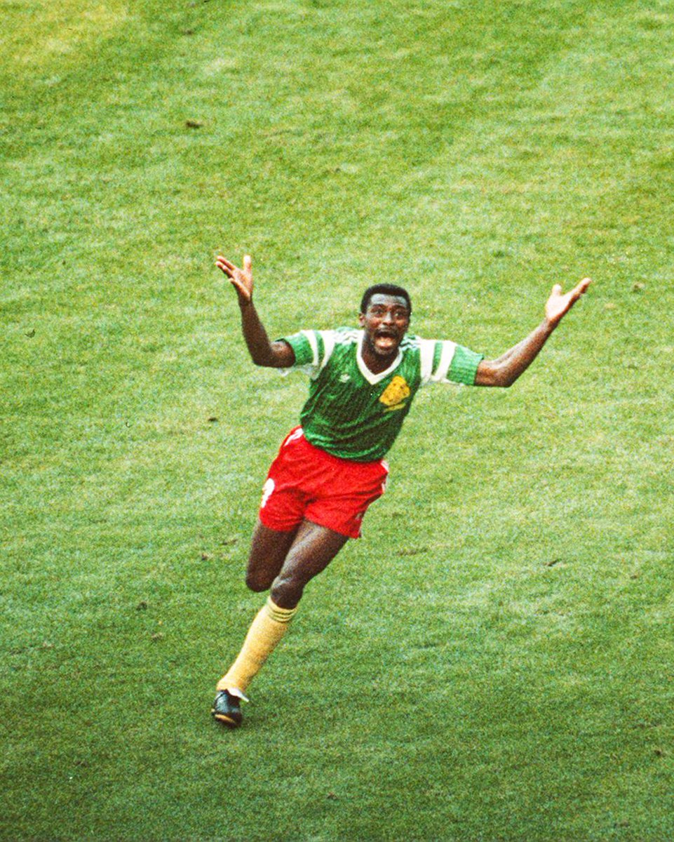 brfootball's tweet photo. 🗓️ June 8, 1990 - One of the greatest shocks in World Cup history.

Defending champions Argentina, led by Diego Maradona, are beaten in the opening game of the tournament by Cameroon.

Goalkeeper Nery Pumpido let a tame header from Francois Omam-Biyik dribble through his hands in the 67th minute which proves to be the only goal of the game at the San Siro.

It was a first World Cup finals win for the Indomitable Lions who were down to 10 men when they scored and finished the game with nine after a horror tackle from Benjamin Massing on Claudio Caniggia that has gone down in World Cup infamy.

Cameroon defender Andre Kana-Biyik said: “When we entered the shared warm-up area, the South Americans seemed a little haughty. As soon as we launched into our battle cries, I saw the fear in their eyes.”

Cameroon went on to become the first African team to reach the World Cup quarterfinals with 38-year-old Roger Milla scoring four goals as a substitute.