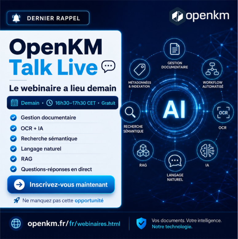 openkm's tweet photo. #webinaire #OpenKM demain 09/06 `16:30 PM CET
Découvrez comment optimiser votre #gestiondocumentaire: #automatisation, #métadonnées, #OCR, #IA, #recherchesémantique et #RAG.
Inscrivez-vous maintenant :
https://t.co/8m6AkxGzCC https://t.co/GcwxUnCZ1o