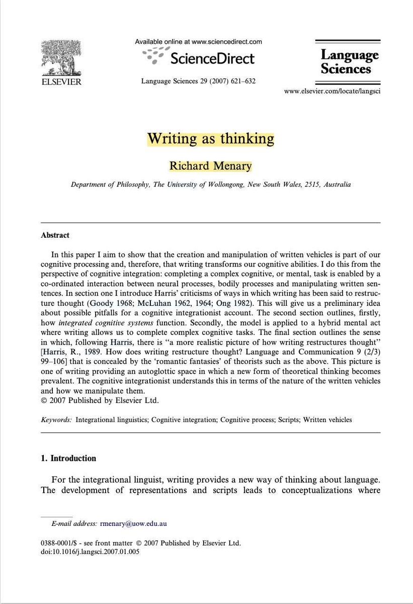 ScholarshipfPhd's tweet photo. Does “writing is thinking” still hold when AI can do most of the writing?

If writing has long been one of the main vehicles of thought, what happens when AI starts carrying much of that cognitive labour?

I have been thinking about this after reading Richard Menary’s paper Writing as thinking.

His argument is powerful. Writing is part of thinking. We do not simply think first and write later. We think through the act of writing itself.

Drafting, revising, deleting, moving sentences around, rereading a paragraph, seeing a gap in an argument, finding a clearer way to say something. All of that is cognitive labour.

But generative AI changes the conditions around this argument.

Before AI, writing carried much of the heavy lifting. It was one of the main ways students externalized thought, struggled with ideas, organized meaning, and developed judgement.

Now AI can produce the paragraph, polish the sentence, restructure the argument, summarize the reading, and generate the reflection.

So the question becomes serious: what happens to the thinking that used to happen through writing?

I still believe writing matters deeply. But I also know people, including people close to me, for whom writing creates anxiety. They think better through sketching, diagramming, drawing, speaking, mapping, or building.

So maybe the old mantra “writing is thinking” belonged to an age when writing carried far too much of the burden.

This also explains part of our current assessment problem. For years, education has leaned heavily on the written product as the main evidence of learning.

Generative AI has disrupted that assumption.

A polished text can still tell us something, but it can no longer carry learning assurance by itself. We need process evidence, oral explanation, drafts, diagrams, annotations, design choices, and moments where students show how their thinking developed.

Literacy is a situated practice. Pre-AI literacy and post-AI literacy belong to different conditions. Now what we need to think about is whether our students can think across tools, modes, contexts, and constraints?
