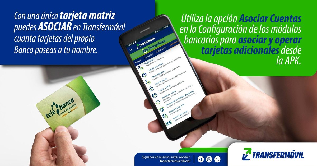 Yusimi1989's tweet photo. Si ya cuentas con una tarjeta asociada en Transfermóvil y deseas operar tarjetas adicionales, la opción Asociar Cuentas, en la Configuración de tu Banco, es tu aliada. 💳📲😉 https://t.co/cfDpUrrn5n