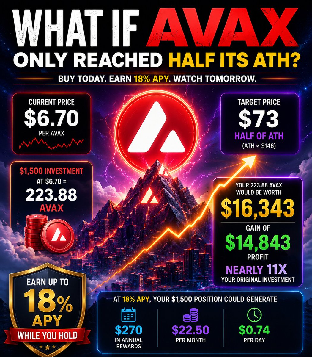 DHouseofcrypto's tweet photo. 🚨 What happens if you buy $1,500 worth of $AVAX today and earn up to 18% APY while you wait?

Let's do the math. 👇

Current $AVAX Price: $6.70

💰 $1,500 investment = approximately 223.88 AVAX

Avalanche's all-time high was about $146.

But let's be conservative...

What if $AVAX only reaches HALF of its all-time high?

🎯 Target Price: $73

Your 223.88 AVAX would be worth:

📈 $16,343

That's a gain of:

💵 $14,843 profit
📊 Nearly 11x your original investment
Now add up to 18% APY while holding.

At 18% APY, your $1,500 position could generate approximately:

✅ $270 in annual rewards
✅ $22.50 per month
✅ About $0.74 per day

Imagine collecting rewards while positioning yourself for a move from $6.70 to just half of AVAX's previous peak.
The biggest gains in crypto often come from quality projects that are far below their all-time highs.
🇺🇸 USA Residents click here to join:
https://t.co/vOSLO4li7h

All other countries click here: https://t.co/vOSLO4li7h

#Avalanche #Crypto @DepoCoin  #Altcoins #PassiveIncome #DeFi