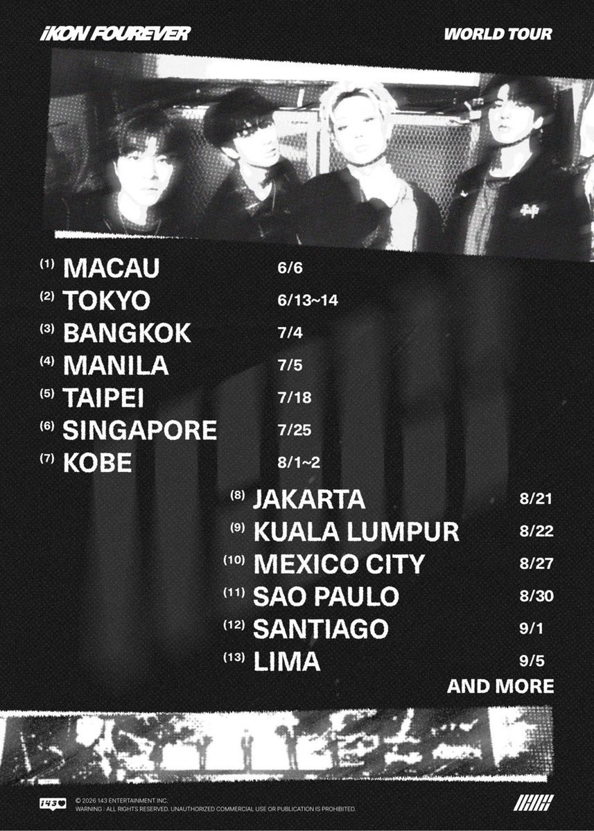 spankmejiwon's tweet photo. iKON IS ON THEIR FOUREVER WORLD TOUR! ✈️

Check out the tour stops below. More stops coming soon!

Tickets are still available for MANILA 🇵🇭

🗓️ July 05 (Sunday) / 7:00 PM (PHT)
📍SMX Convention Center
🎫 https://t.co/3cy1RoJ2g7

#iKONinMANILA #iKON_FOUREVER_TOUR #아이콘 #iKON https://t.co/MOS0vxF81f
