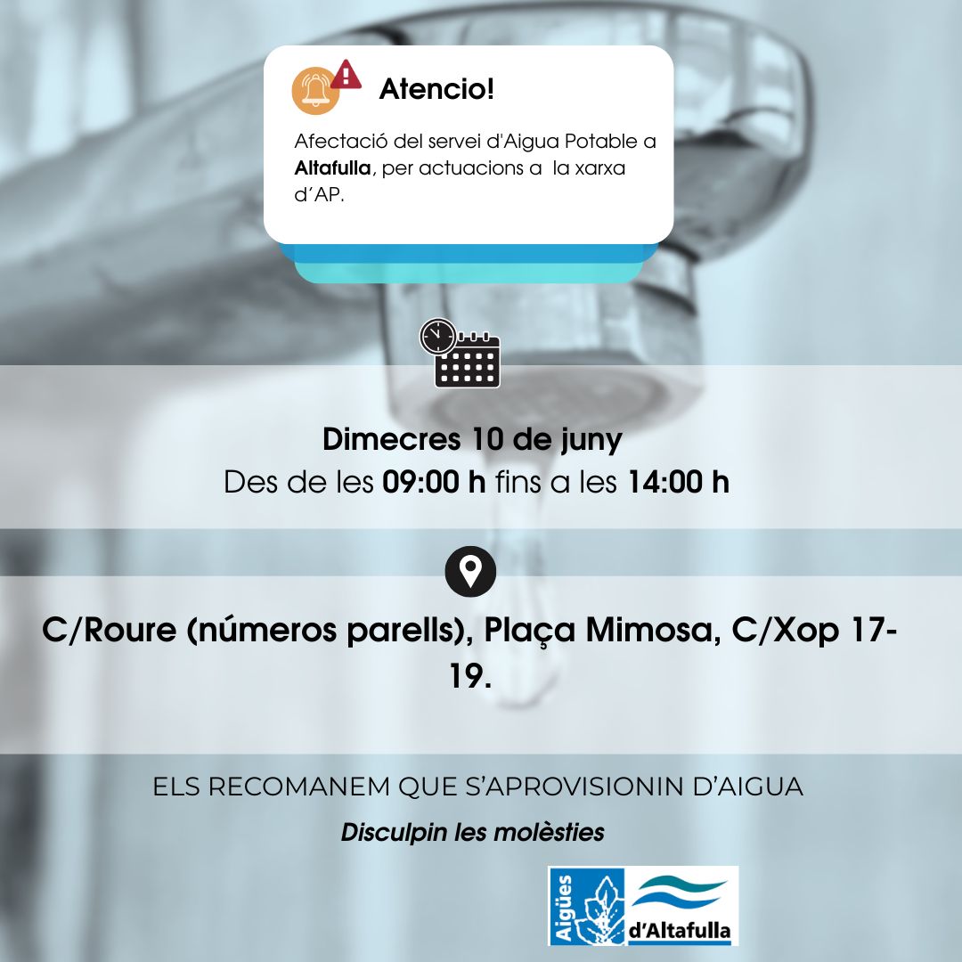 AiguesAltafulla's tweet photo. 📢AVÍS @ajAltafulla afectació al subministrament d'aigua potable.

🗓️Dimecres 10/06
⏰De 09 h fins a les 14 h.
📍C/Roure (números parells), Plaça Mimosa, C/Xop 17-19.

🙏Disculpin les molèsties https://t.co/mFzzkKimdy