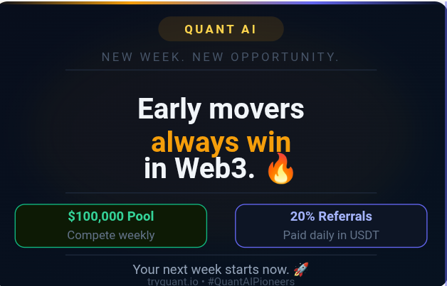 Ono_cryptt's tweet photo. The $100,000 Ambassador Reward Pool resets today.
New week. New opportunity. Zero excuses.
Start now , early movers always win in Web3.

Join via my referral link:
https://t.co/wGZkzT4Lqs

 @tryquantio #QuantAIPioneers https://t.co/ge7mAVWyJQ