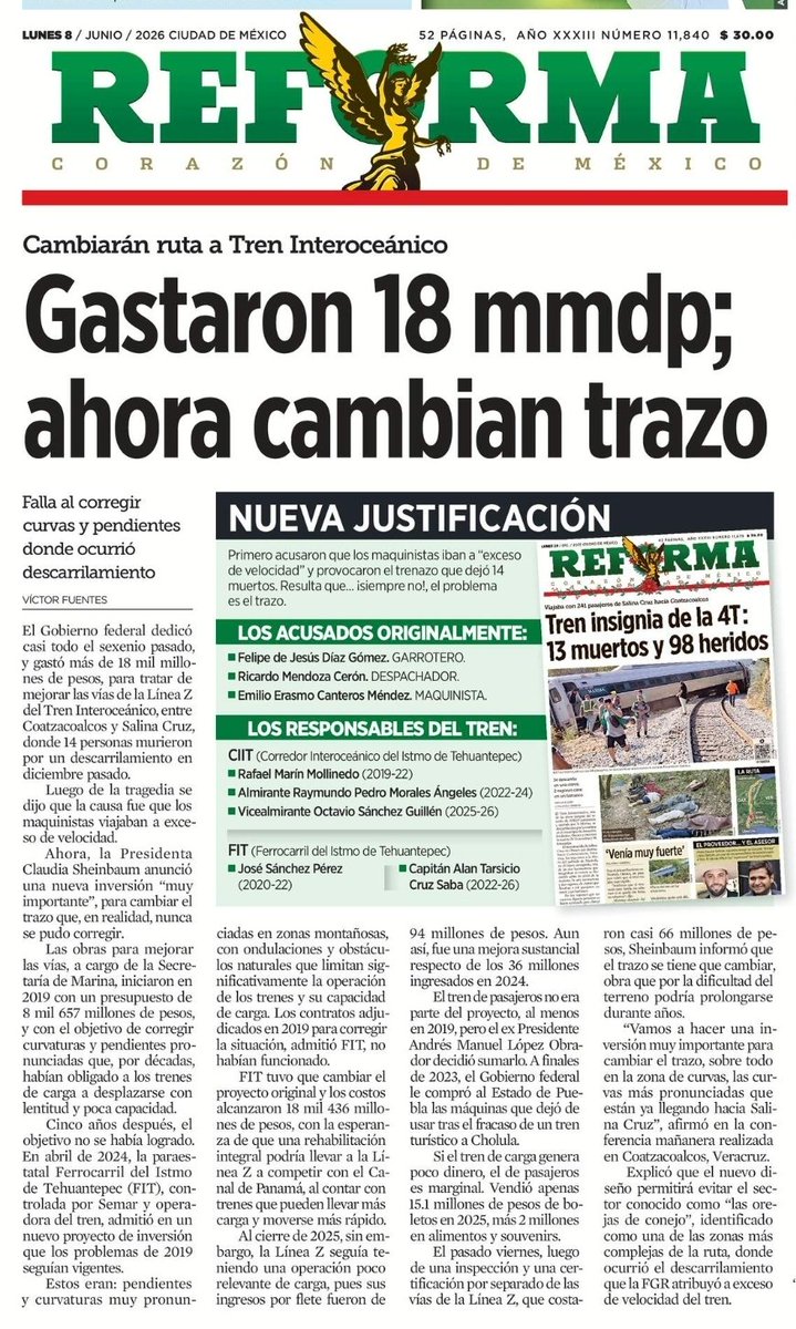 Melissa_Bely's tweet photo. 🚨 ESCÁNDALO 

Gastaron 18 mmdp en la Línea Z del Tren Interoceánico bajo la supervisión de Bobby López.

Resultado: 14 muertos.

Acusaron al conductor por ir a exceso de velocidad...
¡ a 65 kms por hora !

Hoy se dan cuenta que la culpa fue que estaba mal el trazo.

¿Alguien rinde cuentas?

Nepotismo más incompetencia es la marca registrada de la 4T.