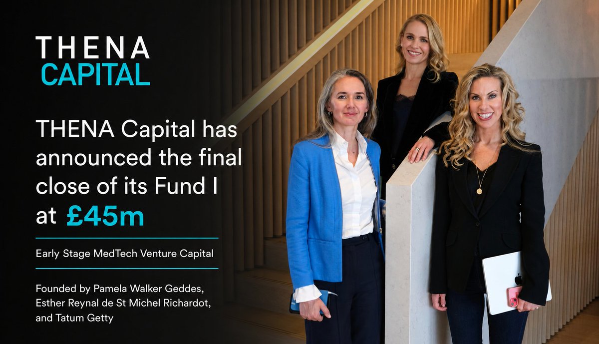 SheetVenture's tweet photo. THENA Capital has closed Fund I at £45m!

Anchored by the British Business Bank’s ECF programme, we’re the first all-female General Partner-led fund. Founded by Pamela Walker Geddes, Esther Reynal de St Michel Richardot & Tatum Getty.

Already backed 5 strong UK MedTech companies: Plexāā (BLOOM⁴³), Salient Bio, Sanome, Heim & Zonova.

UK MedTech deserves specialist capital built for global scale. Onward!
#MedTech #VentureCapital #UKTech