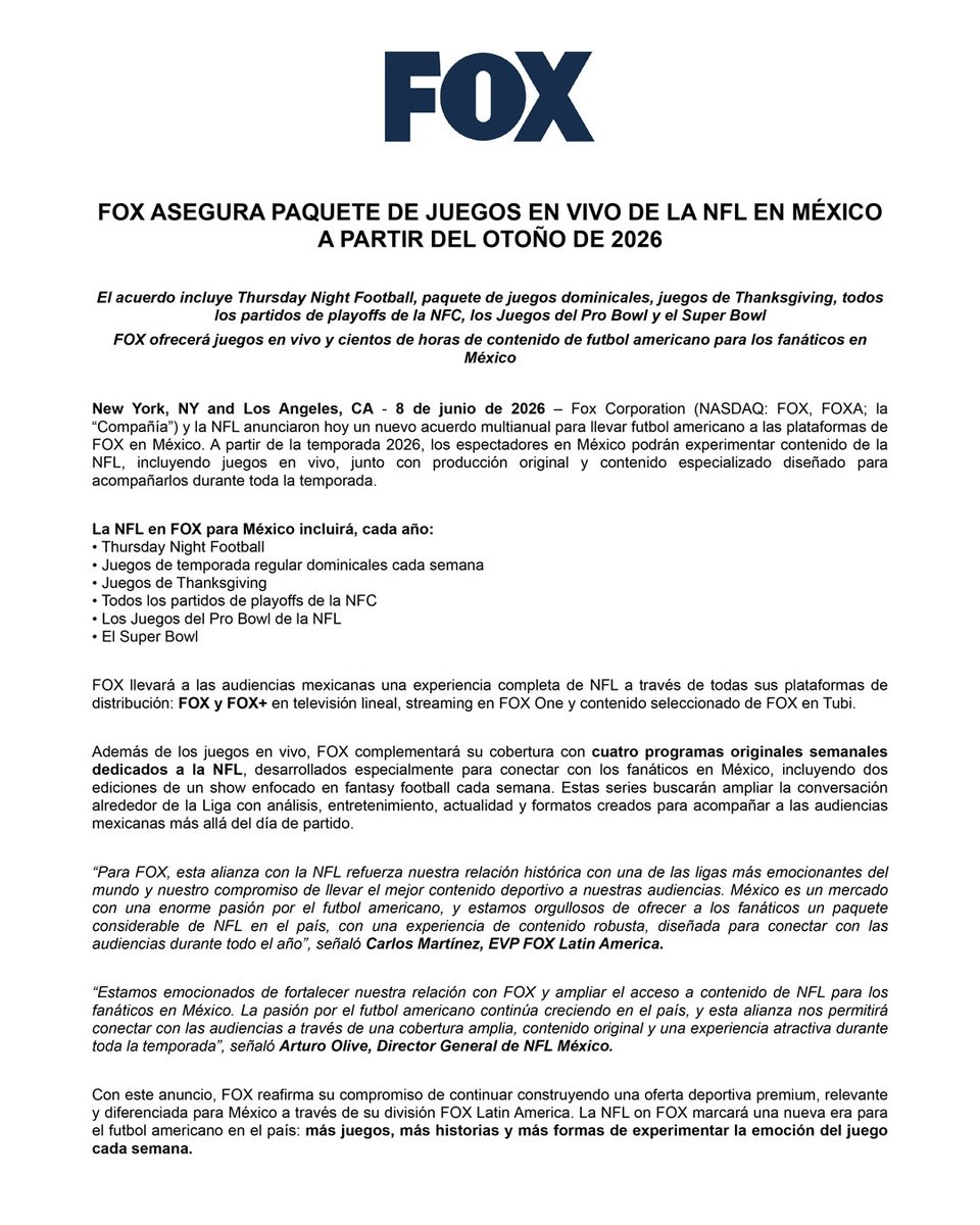 somos_FOX's tweet photo. 📄 COMUNICADO: FOX asegura paquete de juegos en vivo de la NFL a partir del otoño de 2026. 

@nflmx https://t.co/m4myvSPnbl
