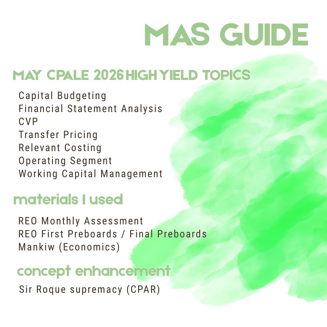 AssethCPA's tweet photo. CPALE GUIDE | MAS 

Please note that this is only a guide based on my personal experience when I took the recent board exam. Your experience may be different, so use this as a reference rather than a definitive rule. https://t.co/BbIE255RJF