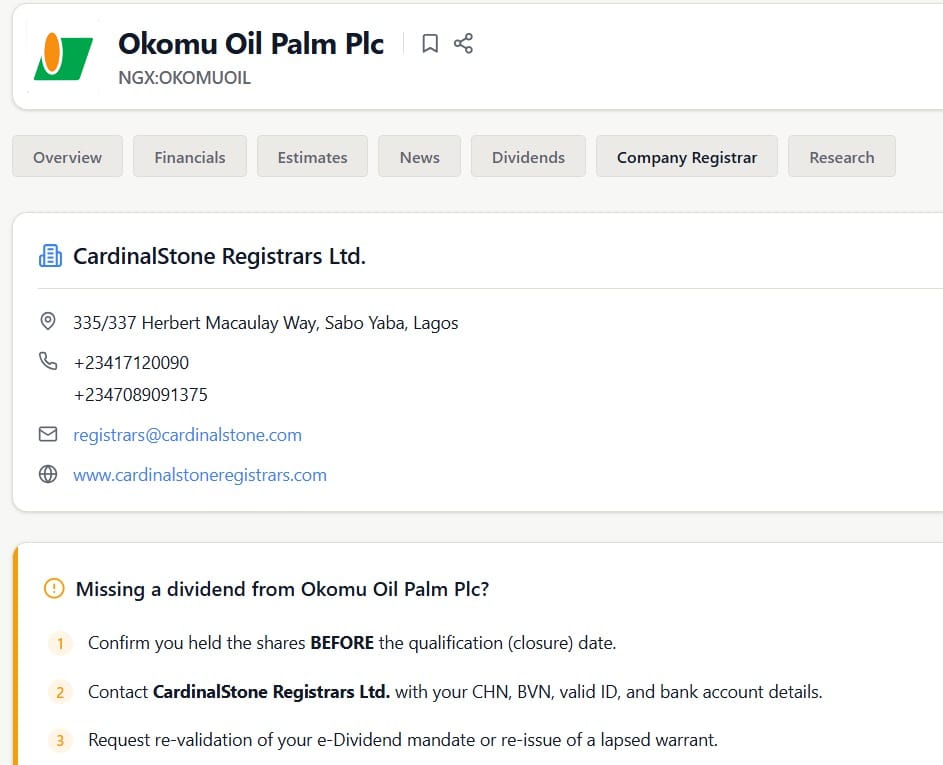 Adesanya_Kemii's tweet photo. We’ve just added a Company Registrar tab to Stock Intel to help you track down missing or unclaimed dividends seamlessly.

Now, for any listed stock, you can instantly:
Find the exact registrar in charge of payouts (with full address, phone, and email). https://t.co/JvIFl7tTF3