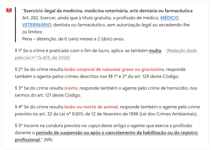 pedrocampos__'s tweet photo. Você acordou e o Código Penal mudou (de novo) ⚠️

O CP já previa punição para o exercício ilegal das profissões de médico, dentista e farmacêutico. 

🔎 Com a Lei nº 15.425/26, também passa a ser crime quem exercer a profissão de MÉDICO VETERINÁRIO sem autorização legal ou além dos limites da habilitação profissional.