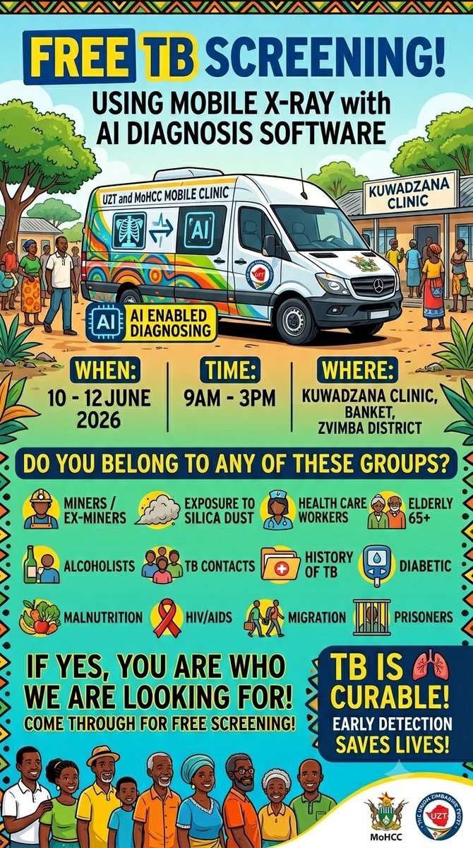 UnionZimTrust's tweet photo. Early detection of #TB saves lives and stops the disease from spreading. #Banket wauya mukana wenyu tirikuuya ikoko kwamuri. Tichange tiripa Kuwadzana Clinic tichiwongorora chirwere che #TB pachena for #FREE!!!!! https://t.co/b7116DqSkK