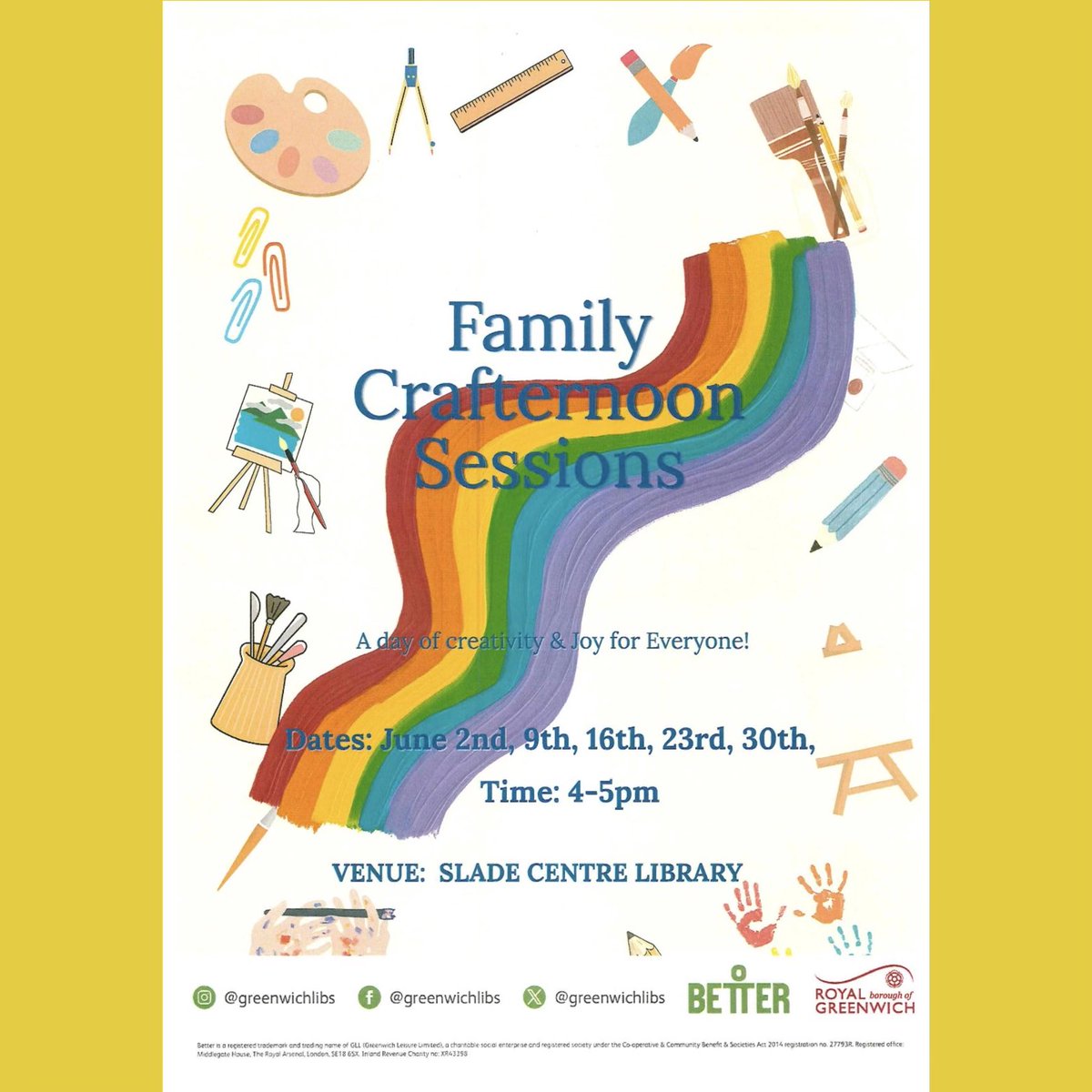 GreenwichLibs's tweet photo. Join us at #SladeLibrary this #PrideMonth for family crafternoon sessions on Tuesdays 9, 16, 23 and 30 June at 4-5pm. Make friends, borrow books and create! 🌈📚 #LoveYourLibrary https://t.co/GpKhPBgsqF