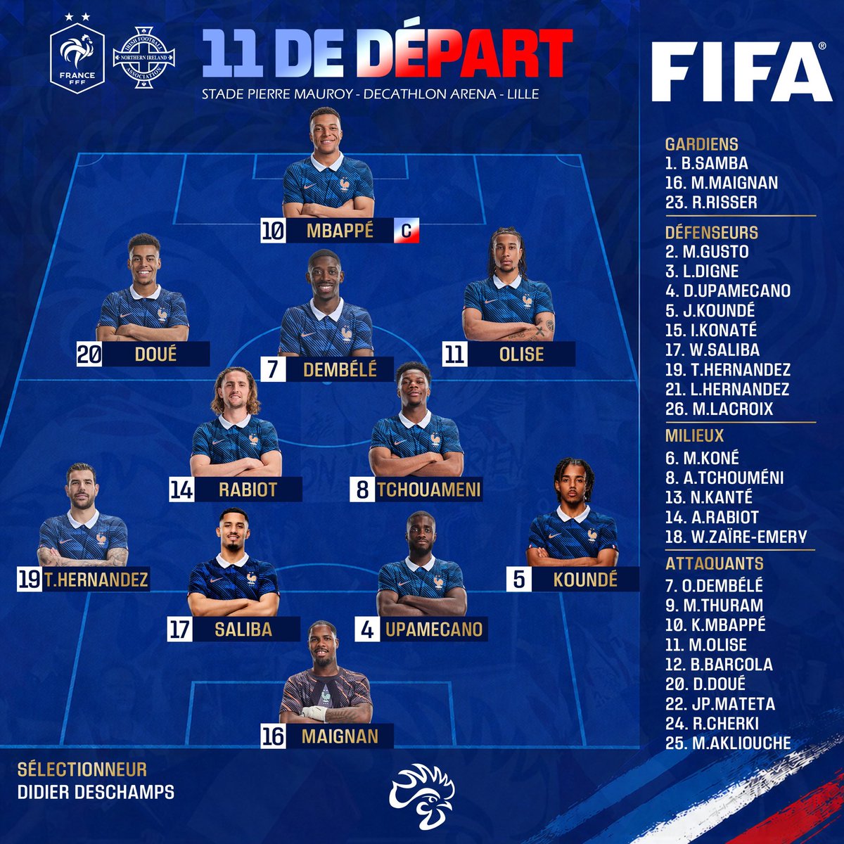 ILE2PARIS's tweet photo. Compo probable de l'équipe de France 👇

📺 Ce soir 21h10 sur TF1

En attaque, le duo : Désiré Doué et Ousmane Dembélé (Ballon d'Or), 
doubles champions d'Europe consécutifs 🔴🔵

🎨 Crédit visuel : @if_supporters

#teampsg #PSG #ILE2PARIS https://t.co/piPJ4jlUhE