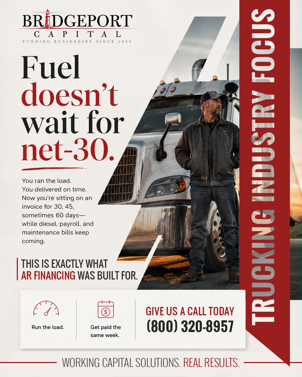BridgeportCap's tweet photo. Most trucking companies don't struggle because they lack work.

They struggle because expenses happen today while customer payments arrive 30, 45, or 60 days later.

The question isn't whether you'll get paid.

It's how long you're willing to wait for money you've already earned. https://t.co/9Oi9rjMQwF