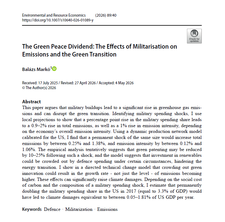 BaluMarko's tweet photo. New paper out in Environmental and Resource Economics:

What does militarisation cost the climate?

Turns out there's a "Green Peace Dividend" — an underappreciated climate cost of military buildups. A thread on what I found: (1/9) https://t.co/eN5KG650X9