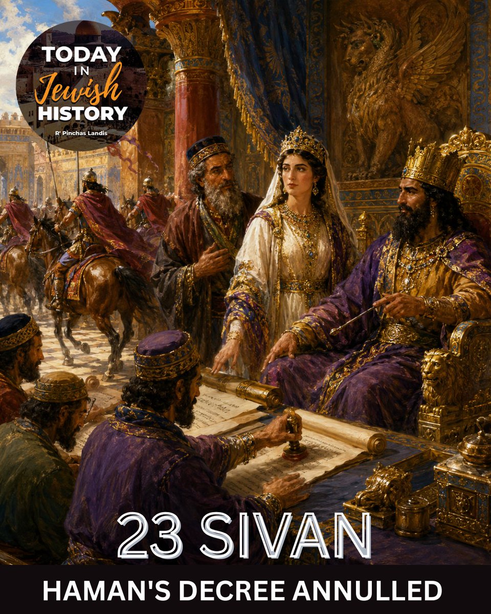 RabbiP's tweet photo. 23 Sivan – Haman's Decree Annulled – 357 BCE

On this day in 357 BCE, Mordechai and Esther issued a royal decree giving the Jews the right to defend themselves. Though Haman had been hanged on the 17th of Nissan, his original decree ordering the destruction of every Jewish man, woman, and child on the 13th of Adar remained legally in force. Queen Esther pleaded with King Achashveirosh to annul it, but the king explained that no royal decree sealed with the king's seal could simply be revoked. Instead, he invited Esther and Mordechai to draft a new decree in his name and seal it with his ring.

On this day, Mordechai and Esther seized that opportunity. The new decree granted the Jews of all 127 provinces of Achashveirosh's empire the right to organize, defend themselves, and strike down any who would rise up against them. Couriers on royal horses carried the letters to every corner of the empire, effectively neutralizing the threat that Haman's decree had posed. The legal framework of the Persian empire could not erase evil by fiat, but it could empower the Jews to confront it.

The events of this day are recorded in the eighth chapter of Megillat Esther and represent a turning point in the Purim story. The decree of annihilation was not simply cancelled; it was answered. Rather than relying solely on the goodwill of a king, the Jews were given the means to defend themselves. It is a powerful reminder that Providence often works not by removing danger, but by giving us the strength and the tools to face it.

Find out more:
The Book: https://t.co/iLrU1TJwEk
WhatsApp: https://t.co/Q6xDZ64LZ3
.
#jewish #israel #judaism #jew #jerusalem #torah #kosher #jewishlife #shabbat #jews #shabbatshalom #israeli #hebrew #jewishculture #jewishholidays #jewishgirl #jewishcommunity #jewishhistory #jewishpride #jewishwedding #synagogue #jewishwomen #fyp #foryou #viral #foryoupage #fy #trending