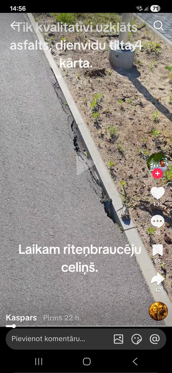 aigarzzs's tweet photo. @karliks @RigasDome @KristapsKaulins Veloceļi attiecīgi izskatās atbilstošas kvalitātes. Tiktok atradu video, kāda kvalitāte gar Ozolciema ielu. https://t.co/RYu6sKSf7n