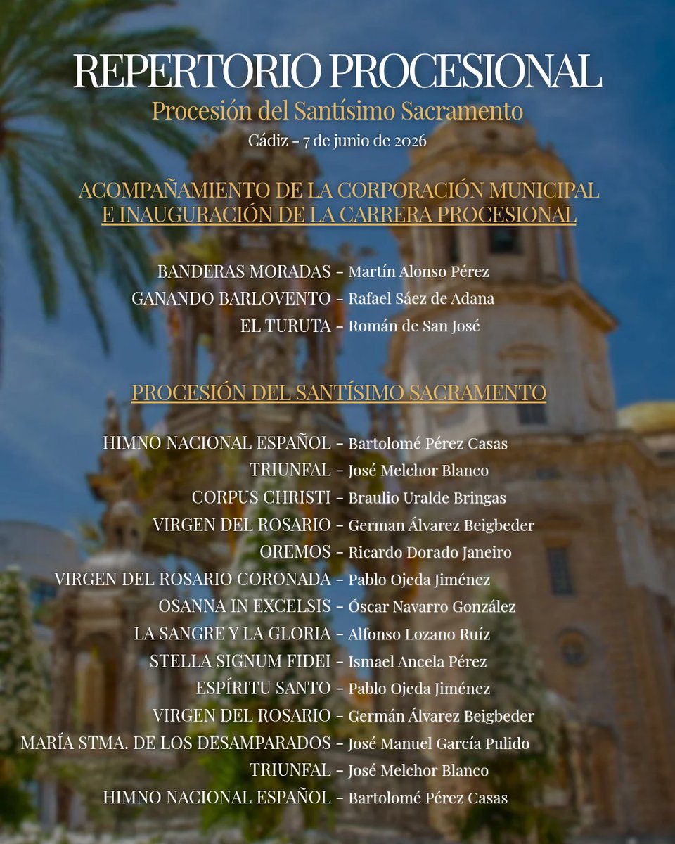 AFBMPalomares's tweet photo. 🎶 Este es el #repertorio que tuvimos el placer de interpretar ayer tras el Santísimo Sacramento en #Cádiz.
🎺 Se trata de una rica selección de marchas eucarísticas así como dedicadas a la Virgen del Rosario @CadizDelRosario y nuestra querida @CaidoCadiz.
🤝🏼@ayuntamientocadiz https://t.co/cTKyb2m4ez