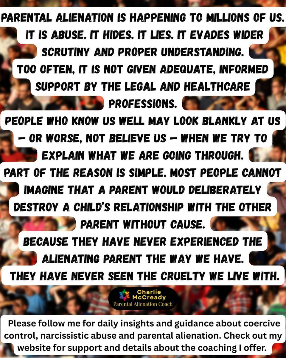 Charlie_PACoach's tweet photo. Estimating the prevalence of parental alienation presents challenges because alienating behaviours exist on a spectrum. Not every child exposed to alienating behaviours becomes fully alienated, and many cases go unrecognised or are misunderstood by professionals.

However, a representative survey published in 2019 found that more than one-third of parents reported feeling somewhat alienated from their children, with approximately 22 million Americans experiencing moderate to severe parental alienation.... 

The full article is available on the Parental Alienation Sanctuary, a subscription service that offers exclusive access to daily guidance, insights, eGuides, videos, parent community and bi-weekly live Q&As with Charlie. Interested? DM me or check out my website on my profile.

#parentalalienation #FamilyCourt