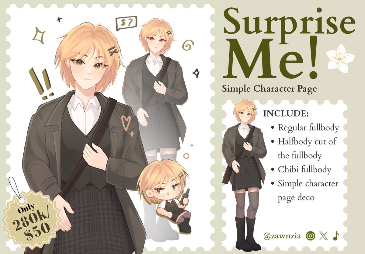 zawnzia's tweet photo. RT &amp; any interaction appreciated

Surprise Me Simple Character Page Commission is Open!🤩💫
Includes
- Regular &amp; chibi fullbody
- Simple deco page

Price is only 250k/$45 for the first 2 buyer. Only 3 slots available

Order here/dm ;3
https://t.co/AnSzCuKBkN

#VGenOpen #VgenComm https://t.co/BkQLhTq8hH