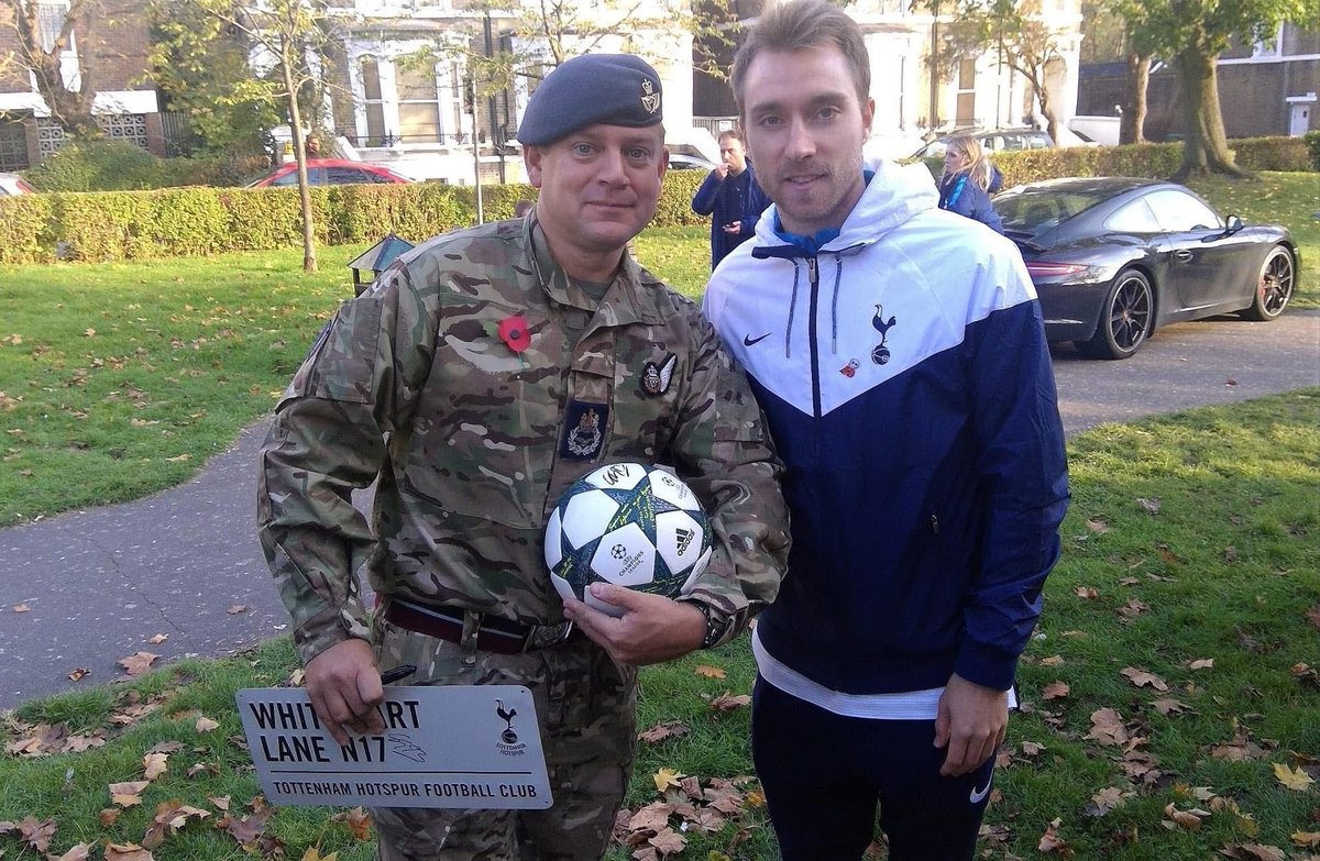 RAFSpurs's tweet photo. Wishing our old No 23 @ChrisEriksen8 a speedy recovery after falling unwell last night.
Chris was always a big supporter of the Armed Forces and helped us out one year cleaning the Edmonton War Memorial for Remembrance. #COYS #TogetherTHFC https://t.co/ZqED2YVhKr