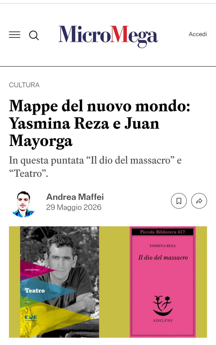 andreamaffei21's tweet photo. MDNM maggio 2026: 'Il dio del massacro' di Yasmina Reza e 'Teatro' di Juan Mayorga
https://t.co/k2Wm0XwXAN https://t.co/DLRsRrR9Q2