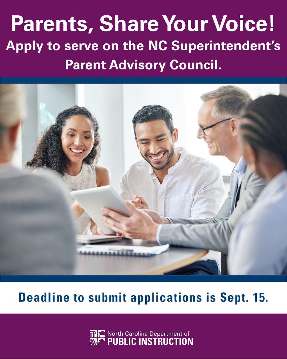 ncpublicschools's tweet photo. Parents, caregivers and guardians: Apply today to serve on @MoGreenNCDPI Parent Advisory Council! Help elevate family voices, provide feedback on key education priorities and help shape the future of NC public schools.

Apply by Sept. 15: https://t.co/7vZJhYLbDQ https://t.co/HYEgCxXrOv