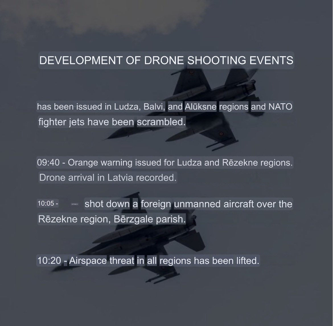 sentdefender's tweet photo. Earlier this morning a French Rafale fighter, part of France’s commitment to NATO’s Baltic Air Policing framework, shot down a drone, presumably a Russian one, over Latvia. Per a release from the Latvian military, the shootdown took place at 10:05 local time. https://t.co/2VcOiUBGbm
