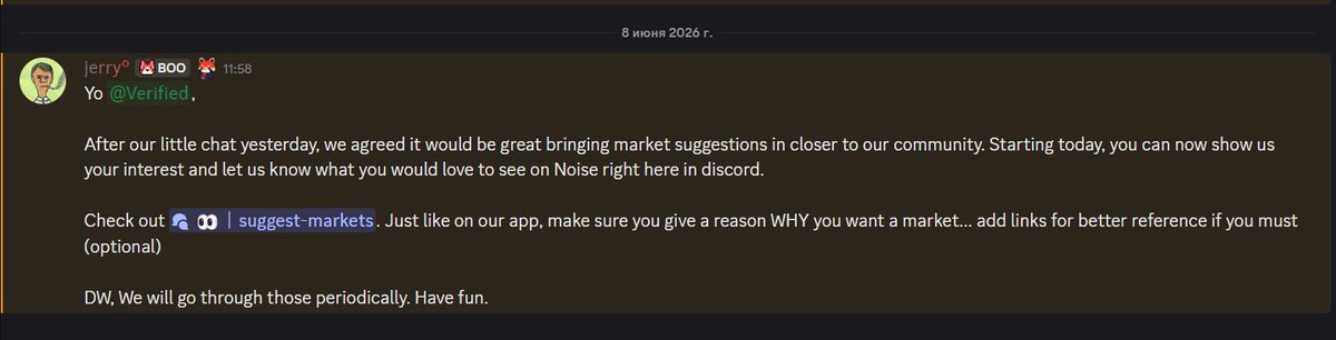 BennettAIxDeFi's tweet photo. want to see a specific market on @noise_xyz?
now you can do more than just talk about it-you can propose it directly.
noise has launched a new #suggest-markets channel in discord, where anyone can submit an idea and explain why it deserves a place on the platform https://t.co/Q6v9ri4fVY