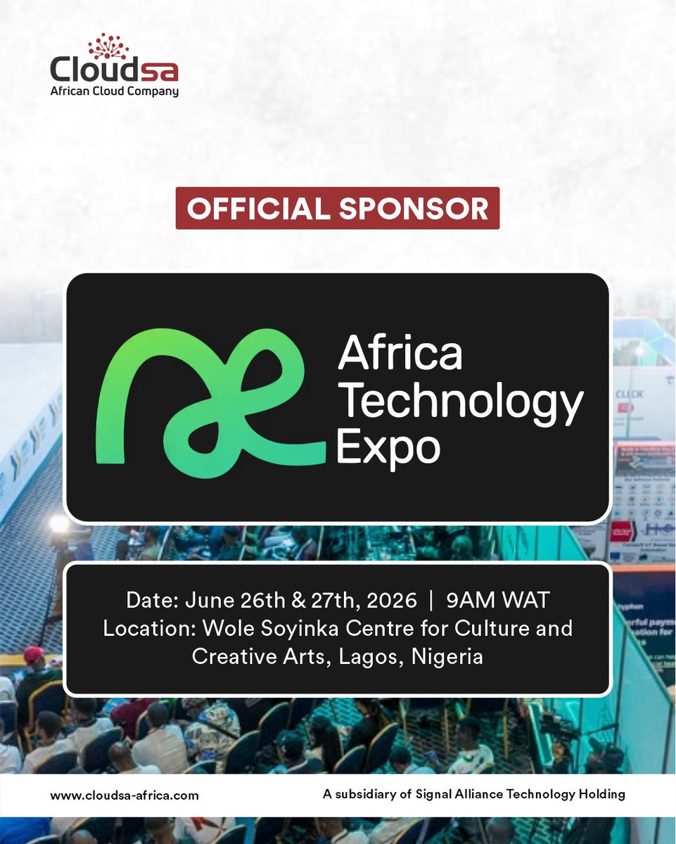 SATHCloud's tweet photo. Cloudsa Africa is a proud sponsor at Africa Technology Expo 2026.

We are excited to be part of the conversations shaping Africa’s future in cloud, cybersecurity, and digital transformation.

Come visit our booth  and explore our solutions 

#CloudsaAfrica https://t.co/iL9XfMBY8m
