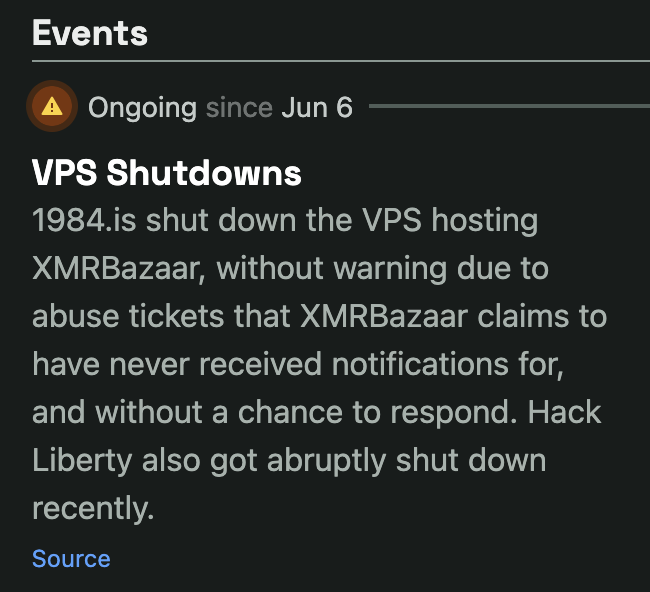 XBToshi's tweet photo. when infra providers fold to fake dmca claims, the community pushes back.

the way the community and privacy directories rallied to support xmrbazaar against https://t.co/W1OsXLvw50 is exactly how decentralized consensus is supposed to work.

the receipts:
 - @kycnot slapped a strict warning message on their profile.
 - @MonericaProject  officially marked https://t.co/W1OsXLvw50 as questionable.
 - @xmr_club downgraded their rating from to A- and logged the exact incident details on their page.

--
this is the immune system of the dark forest.

you rug a legit project over bogus compliance, you burn your reputation across the entire ecosystem. infra providers take notes.

stay private. keep building.
--

ref: 
- https://t.co/Fz6MMSUanh
- https://t.co/gCMeu6p5S0
- https://t.co/0T9GAX8F1I