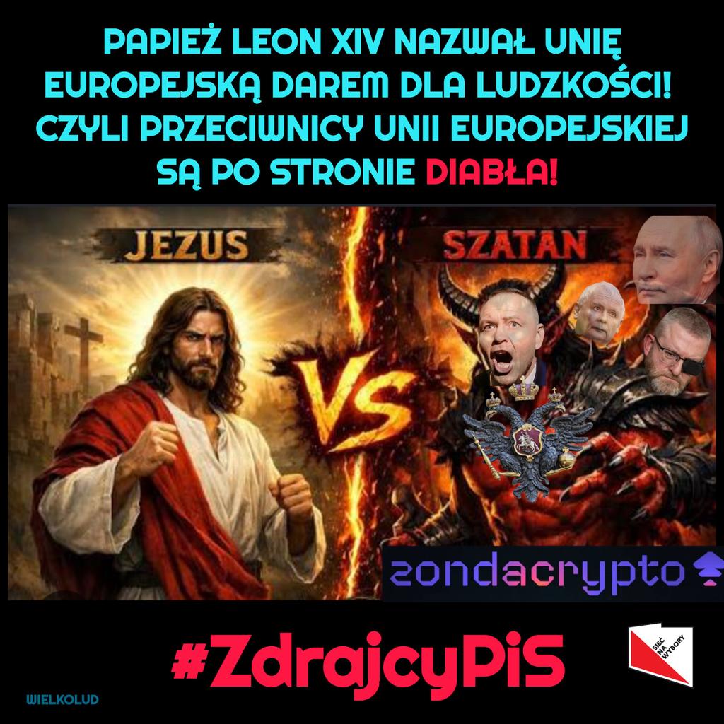 Wielkolud3's tweet photo. Pomazaniec boży Papież Leon XIV:
"Zachęcam was do pielęgnowania procesu Unii Europejskiej,która nie jest jedynie przeciwwagą dla innych potęg, ale DAREM DLA LUDZKOŚCI." 

DIABELSKIE POMIOTY i kundle Putina szczują w Polsce cały czas przeciwko NASZEJ UNII EUROPEJSKIEJ!
#ZdrajcyPiS https://t.co/UqMSChoPfG