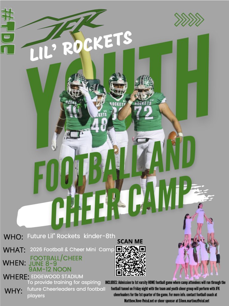 EISDofSA's tweet photo. It's not too late! Sign up now for Lil Rockets Football &amp; Cheer Camp. The fun and the work gets started at 9 a.m. today!  Scan the QR code or use this link to let us know you're coming: https://t.co/jjEk9j8Lb4 https://t.co/aqhtjzA16G