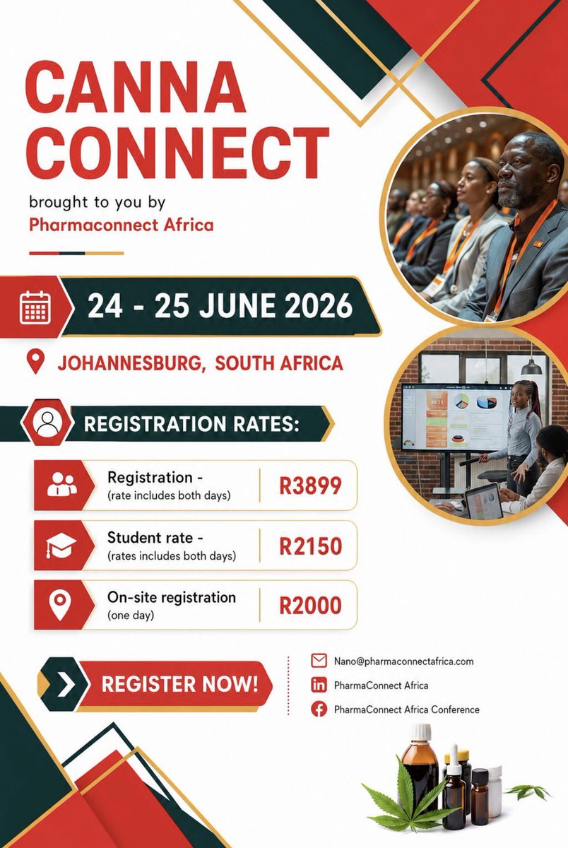 PharmaConnect21's tweet photo. The clock is ticking!
Have you registered for #CannaConnectAfrica 2026 yet?

If you're wondering about the registration fees and attendance packages, look no further.

#Register today by sending an email to Nano@pharmaconnectafrica.com  and secure your place at the #conference https://t.co/amDWbZg2rP
