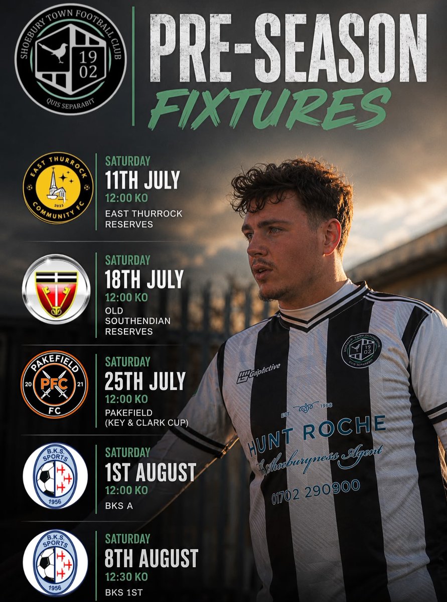 ShoeburyTownFC's tweet photo. ⬛⬜ PRE-SEASON SCHEDULE ⬜⬛

​The 2026/27 campaign starts here! Join us for our home friendlies &amp; get behind the boys. 🏟️⚽

​📍 SS3 9LL

​@eofl @NonLeagueCrowd #nonleague #Groundhopping #EssexFootball https://t.co/LL9NNuLaKT
