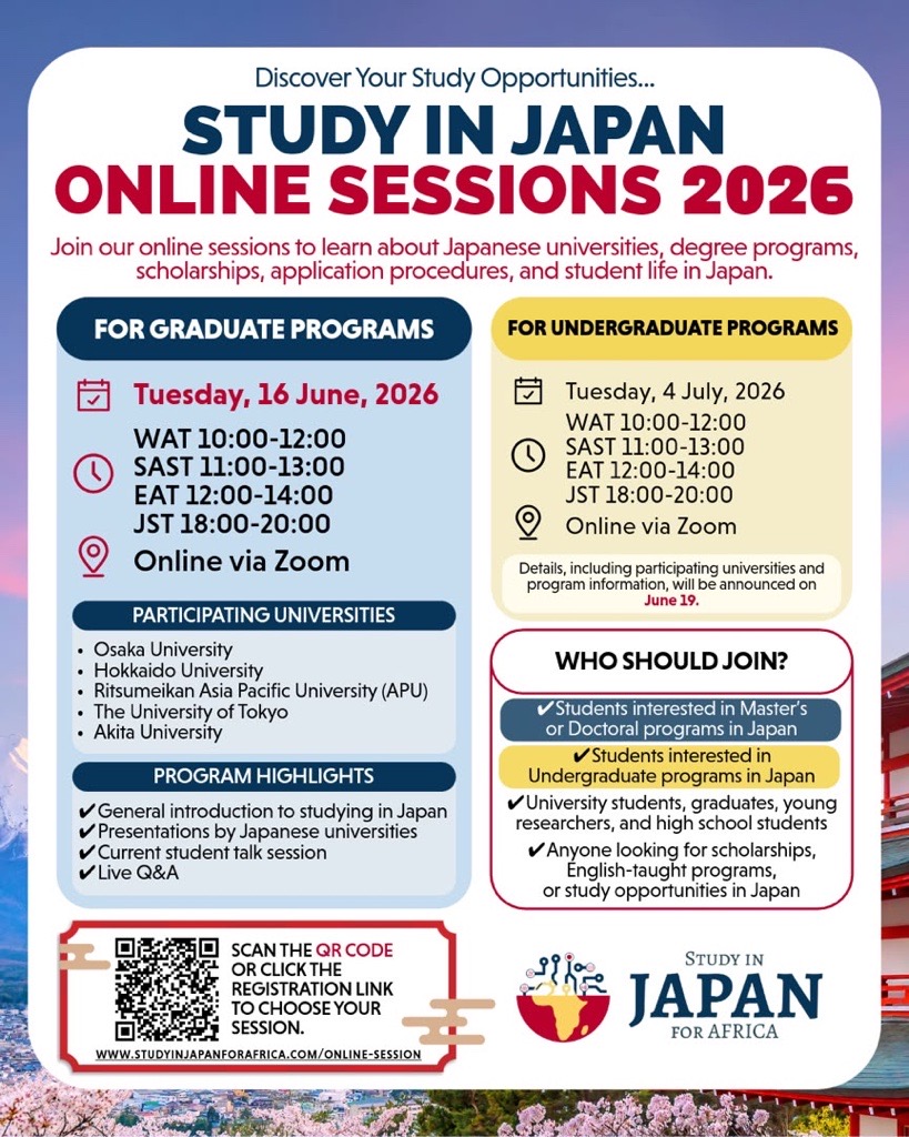 japaninrwanda's tweet photo. Are you interested in studying in Japan?

Join the upcoming online information session to know more about it. The session will cover Japanese universities, programs, and everything you need to know to get started!
📅 June 16/July 4
⏰11:00 - 13:00
#JapaninRwanda🇯🇵🇷🇼 #StudyinJapan https://t.co/xaws2xhSvk