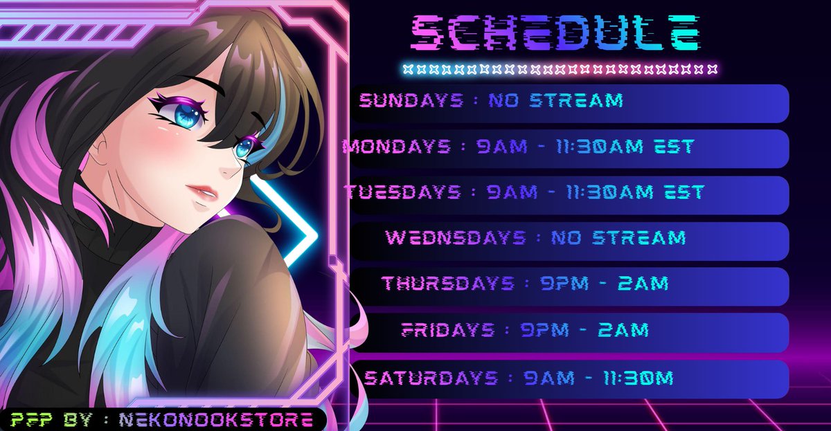cyberhexshadow's tweet photo. This is going to be the updated streaming schedule starting next week! This week's stream schedule will remain as is!! https://t.co/kMMR3dUi5Z